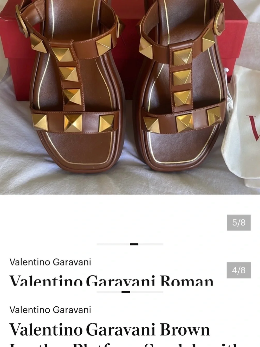 Valentino Garavani Chestnut Leather Platform Sandals with Gold Pyramid Studs